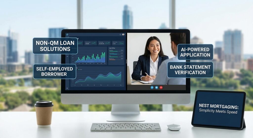 Homebuyer reviewing AI-powered mortgage application and Non-QM loan options for flexible home financing in 2026