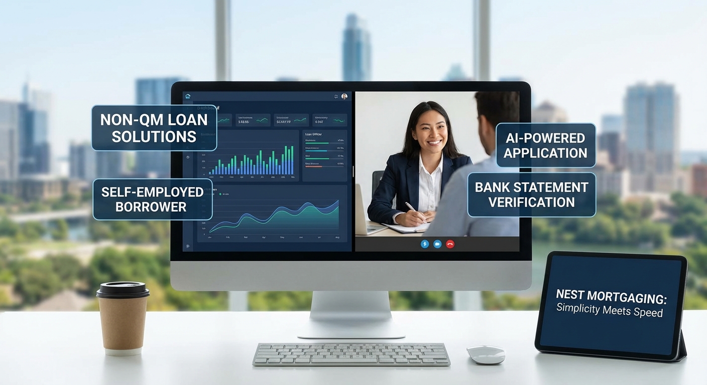 Homebuyer reviewing AI-powered mortgage application and Non-QM loan options for flexible home financing in 2026