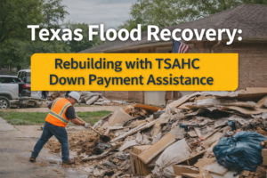 Texas flood recovery effort with workers rebuilding homes using TSAHC down payment assistance programs