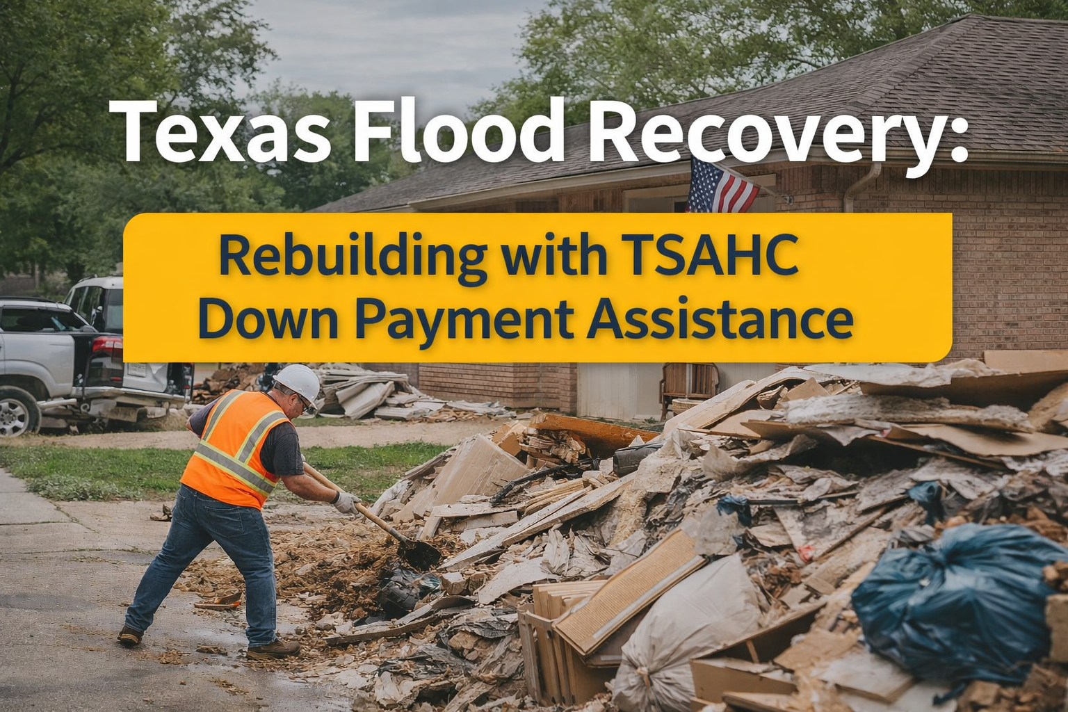 Texas flood recovery effort with workers rebuilding homes using TSAHC down payment assistance programs
