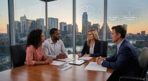 Homebuyer at closing table reviewing documents confidently while avoiding common decision-making biases