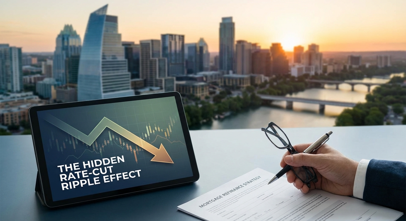 Homeowner analyzing mortgage refinance timing in a 5 percent interest rate market with financial charts